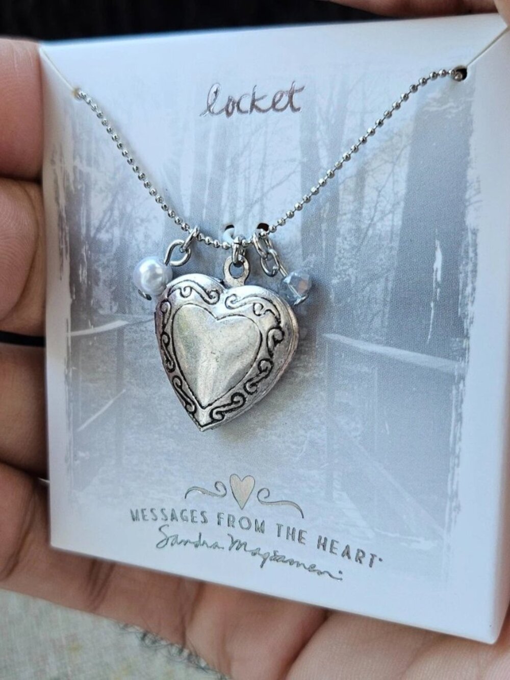 SM Sandra Magsamen Locket Heart Pendant Necklace Silver Tone MESSAGE FROM HEART